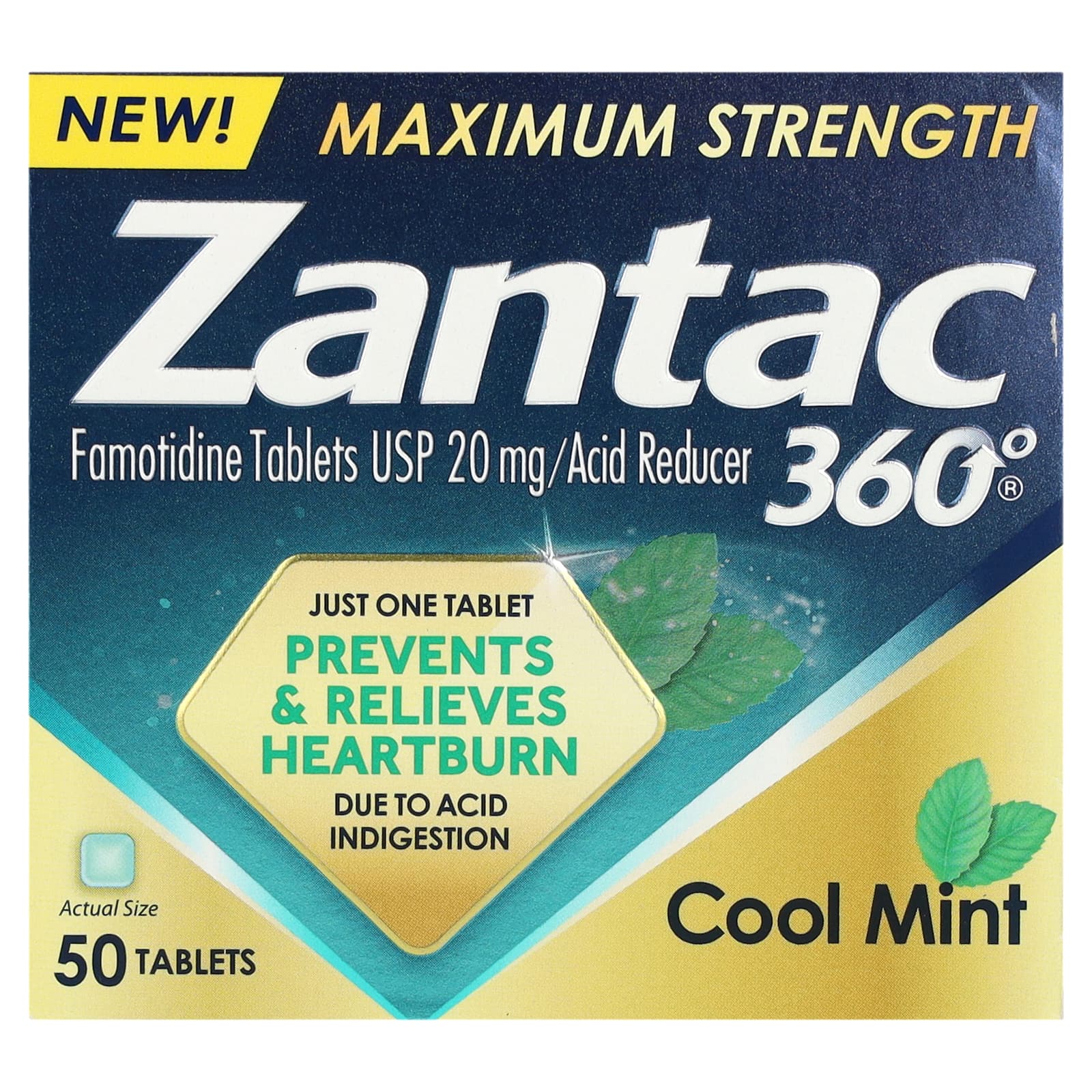 Zantac, 360°, Maximum Strength, Cool Mint, 20 mg, 50 Tablets - Image 1