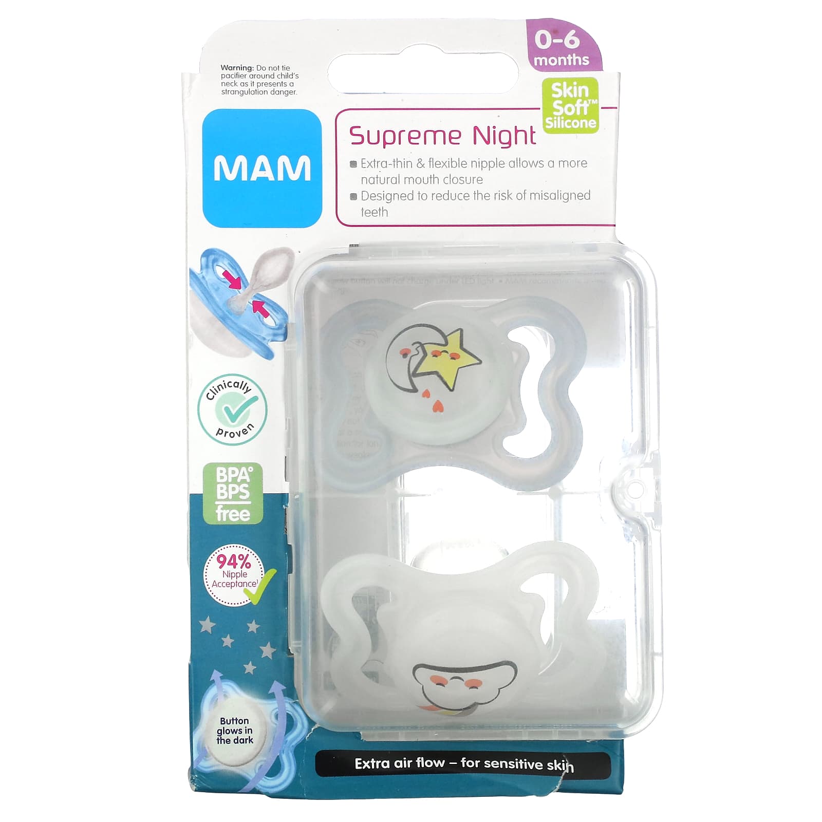 MAM, Supreme Night Pacifier, 0-6 Months, Clear, 2 Count - Image 1