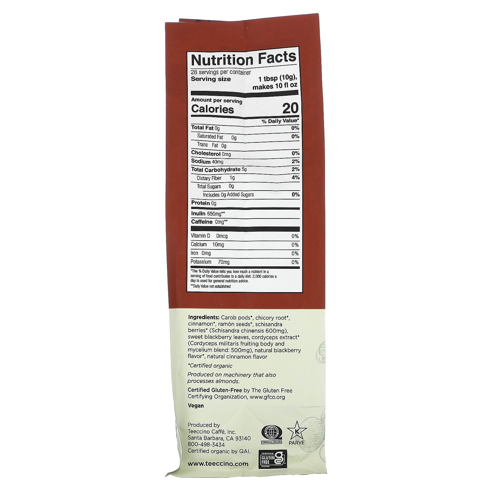 Teeccino, Mushroom Herbal Coffee, Cordyceps Schisandra, Cinnamon Berry, Medium Roast, Caffeine Free, 10 oz (284 g) - Image 2