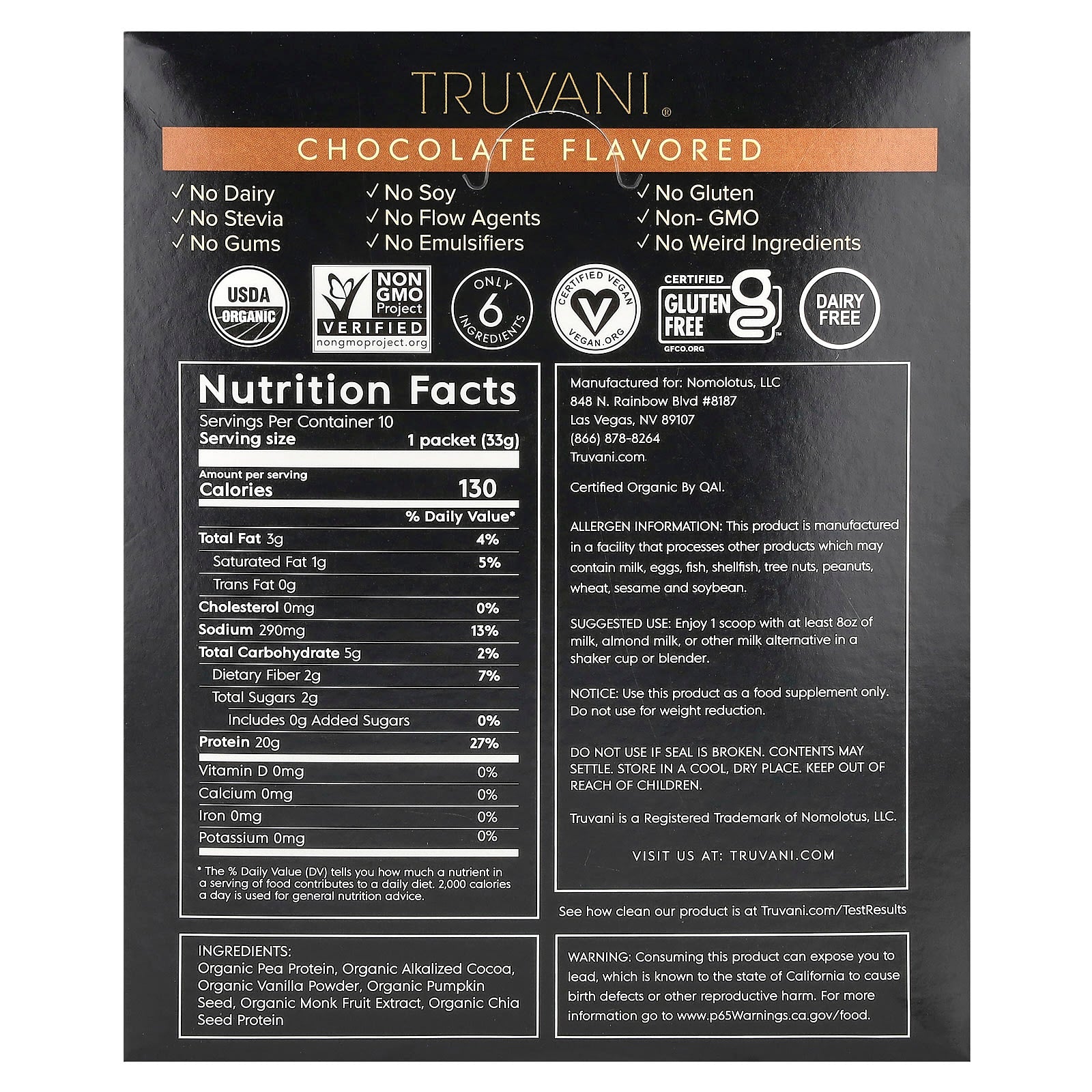 Truvani, Plant Based Protein, Chocolate, 10 Packs, 1.16 oz (33 g) Each - Image 2