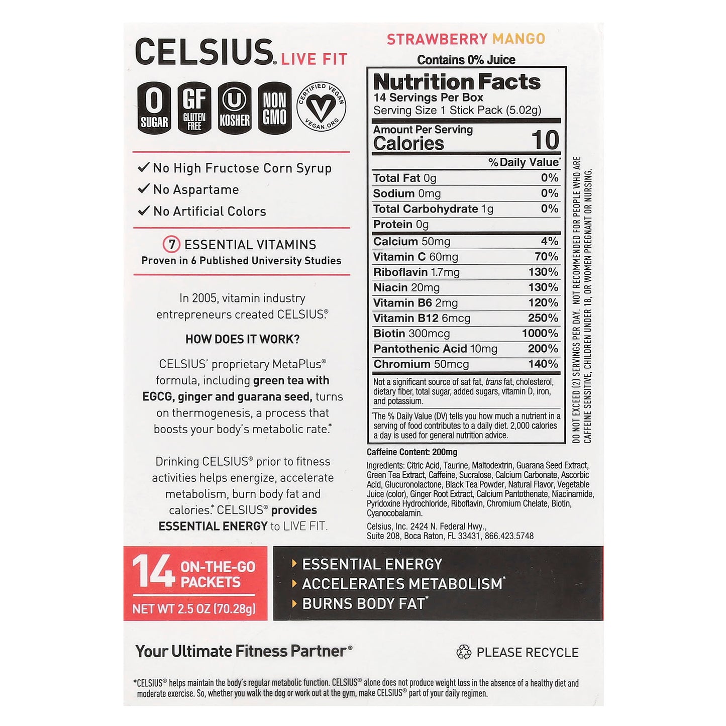 Celsius Strawberry Mango Energy Drink, 14 Packets, 0.18 oz Each - Image 2