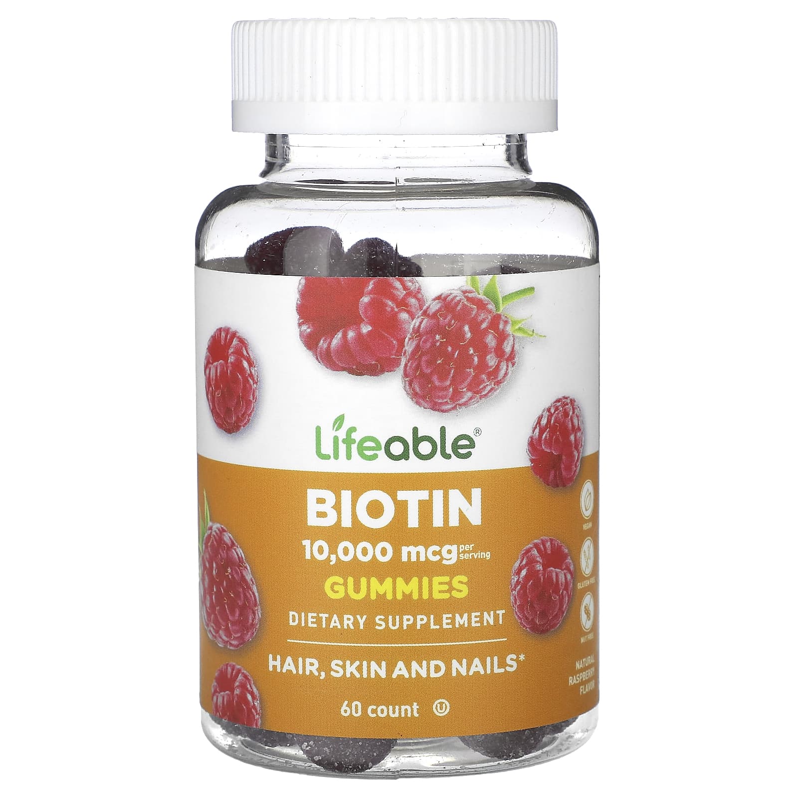 Lifeable, Biotin Gummies, Natural Raspberry, 60 Gummies (5,000 mcg per Gummy) - Image 1