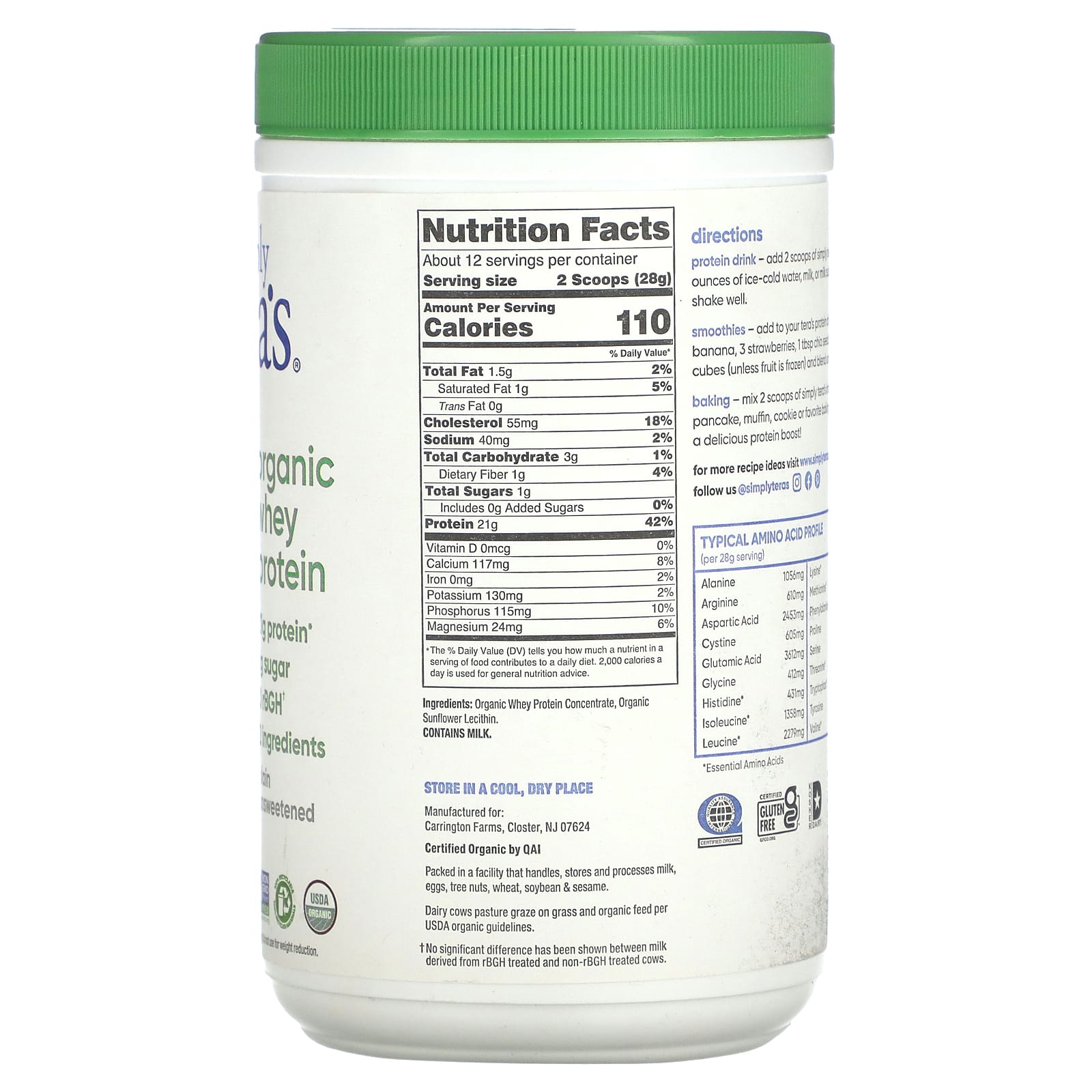 Simply Tera's, Organic Whey Protein, Plain Unsweetened, 12 oz (340 g) - Image 2