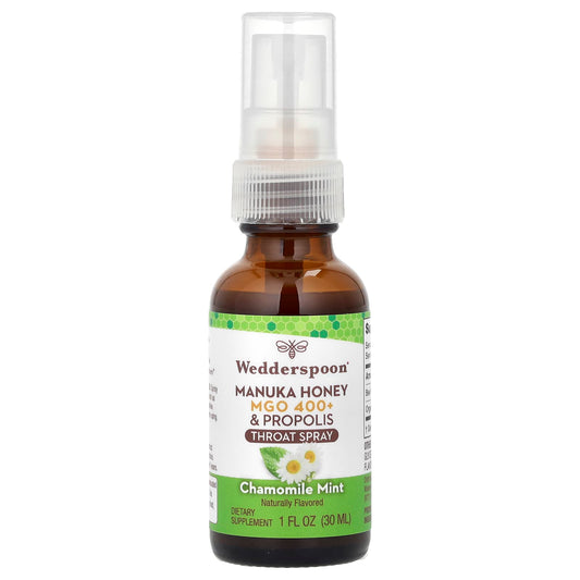 Wedderspoon, Manuka Honey & Propolis Throat Spray, Chamomile Mint, MGO 400+, 1 fl oz (30 ml) - Image 1