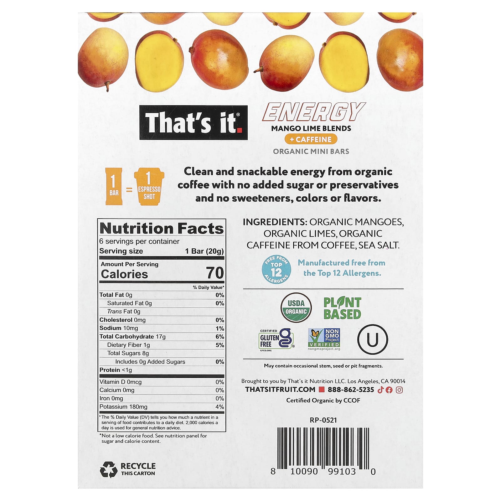 That's It, Energy, Organic Mini Bars, Mango Lime Blends, 6 Mini Bars, 0.7 oz (20 g) Each - Image 2