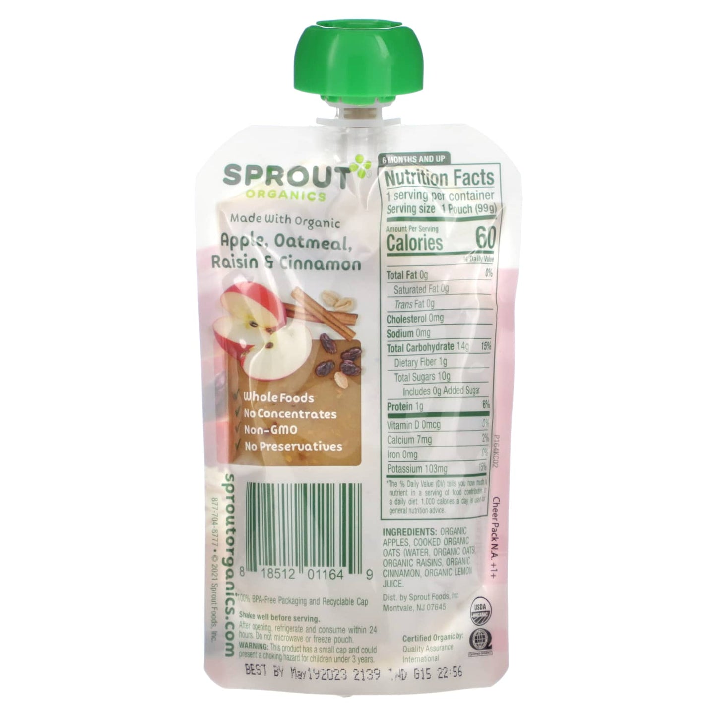 Sprout Organics, Baby Food, 6 Months & Up, Apple, Oatmeal, Raisin & Cinnamon, 3.5 oz (99 g) - Image 2