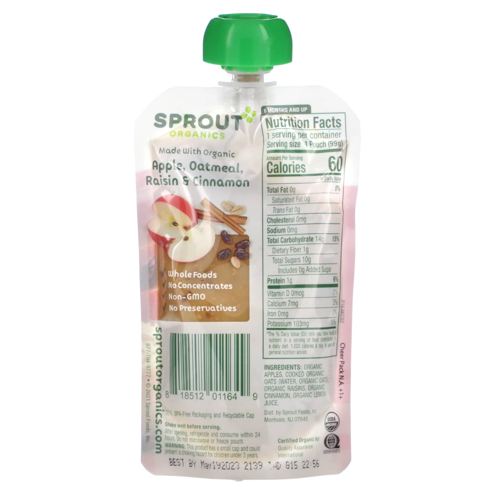 Sprout Organics, Baby Food, 6 Months & Up, Apple, Oatmeal, Raisin & Cinnamon, 3.5 oz (99 g) - Image 2