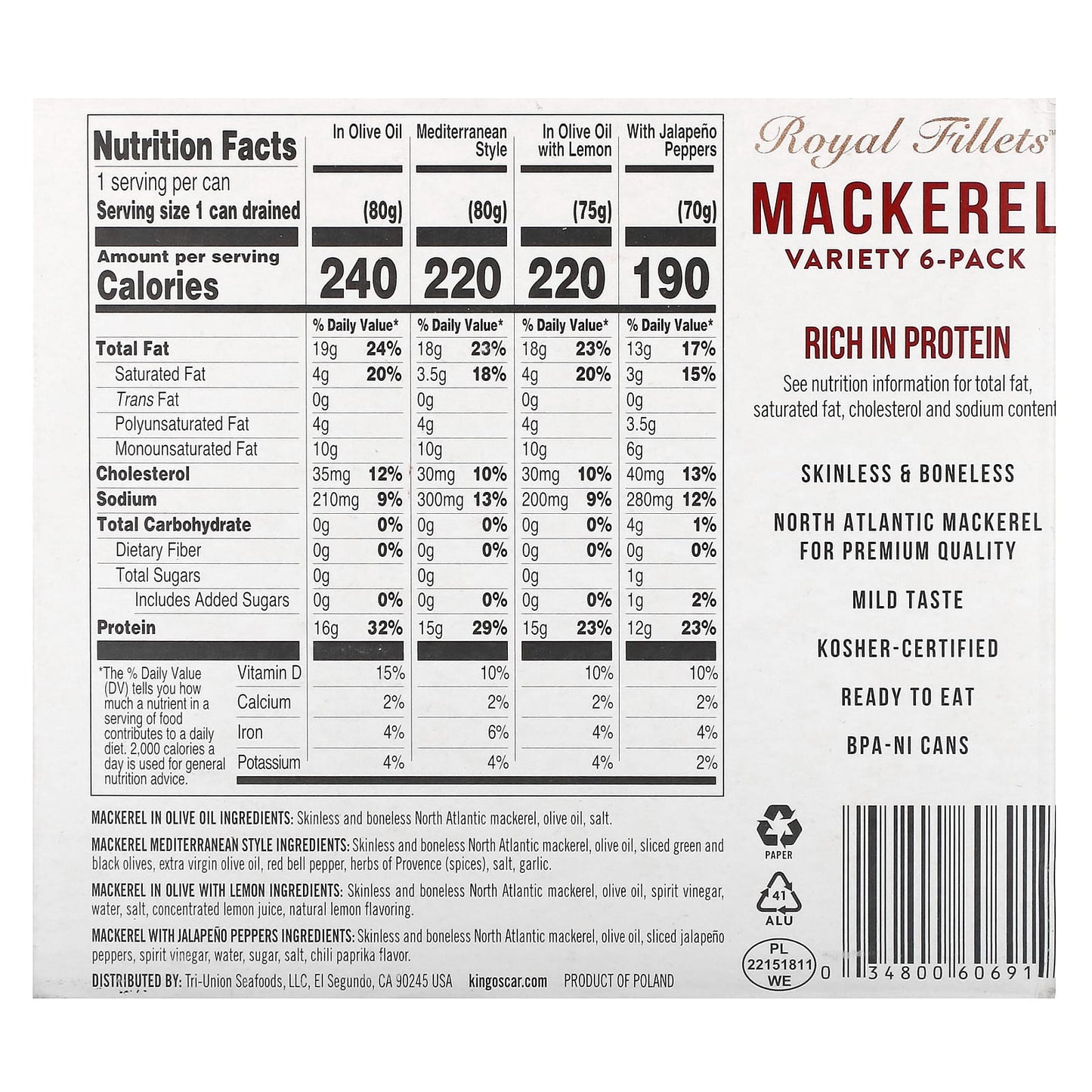King Oscar, Royal Fillets, Mackerel, Variety 6-Pack, 6 Cans, 4.05 oz (115 g) Each - Image 2