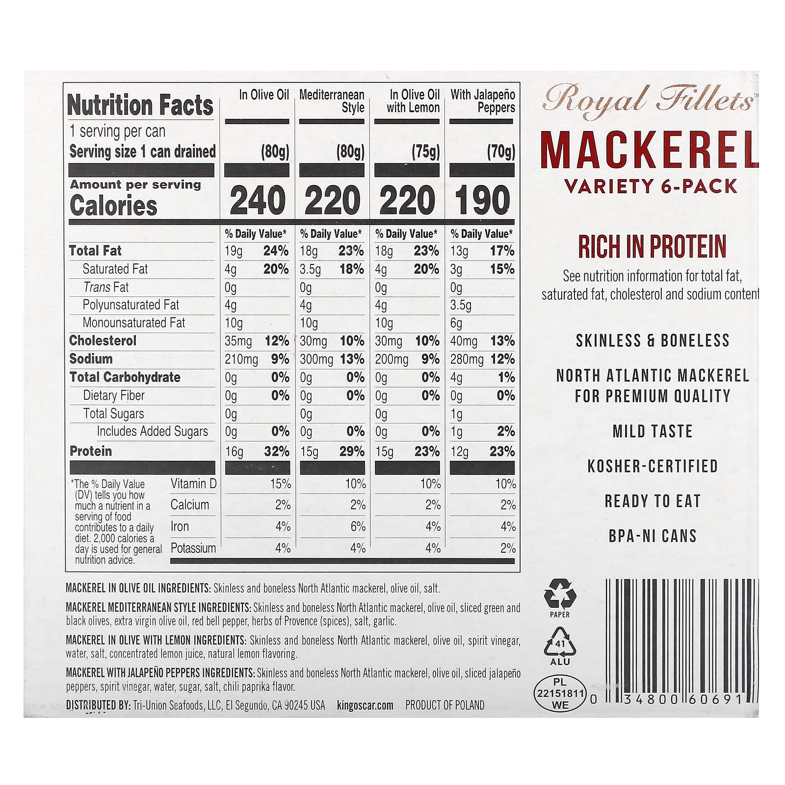 King Oscar, Royal Fillets, Mackerel, Variety 6-Pack, 6 Cans, 4.05 oz (115 g) Each - Image 2