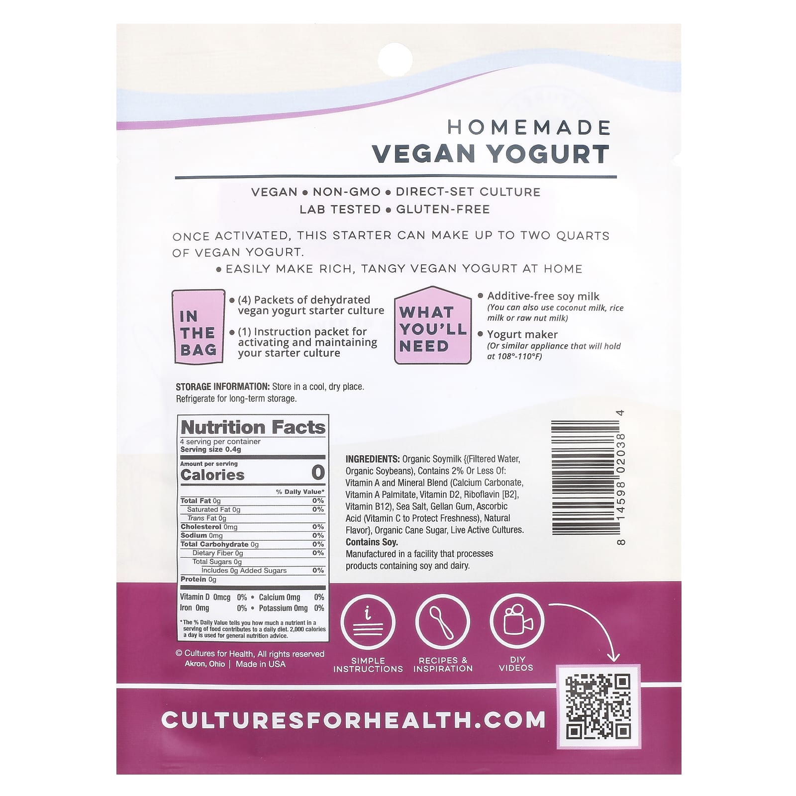 Cultures for Health, Vegan Yogurt, 4 Packets, .06 oz (1.6 g)