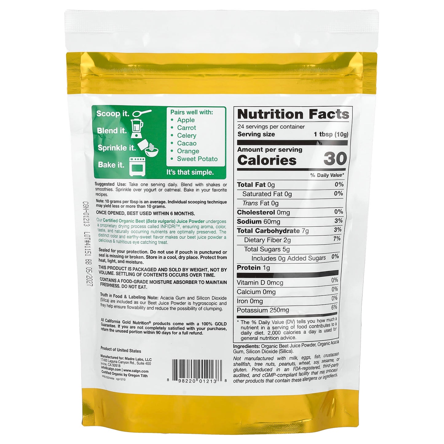 California Gold Nutrition Organic Beet Juice Powder 8.5 oz, Vegan & Non-GMO - Image 2