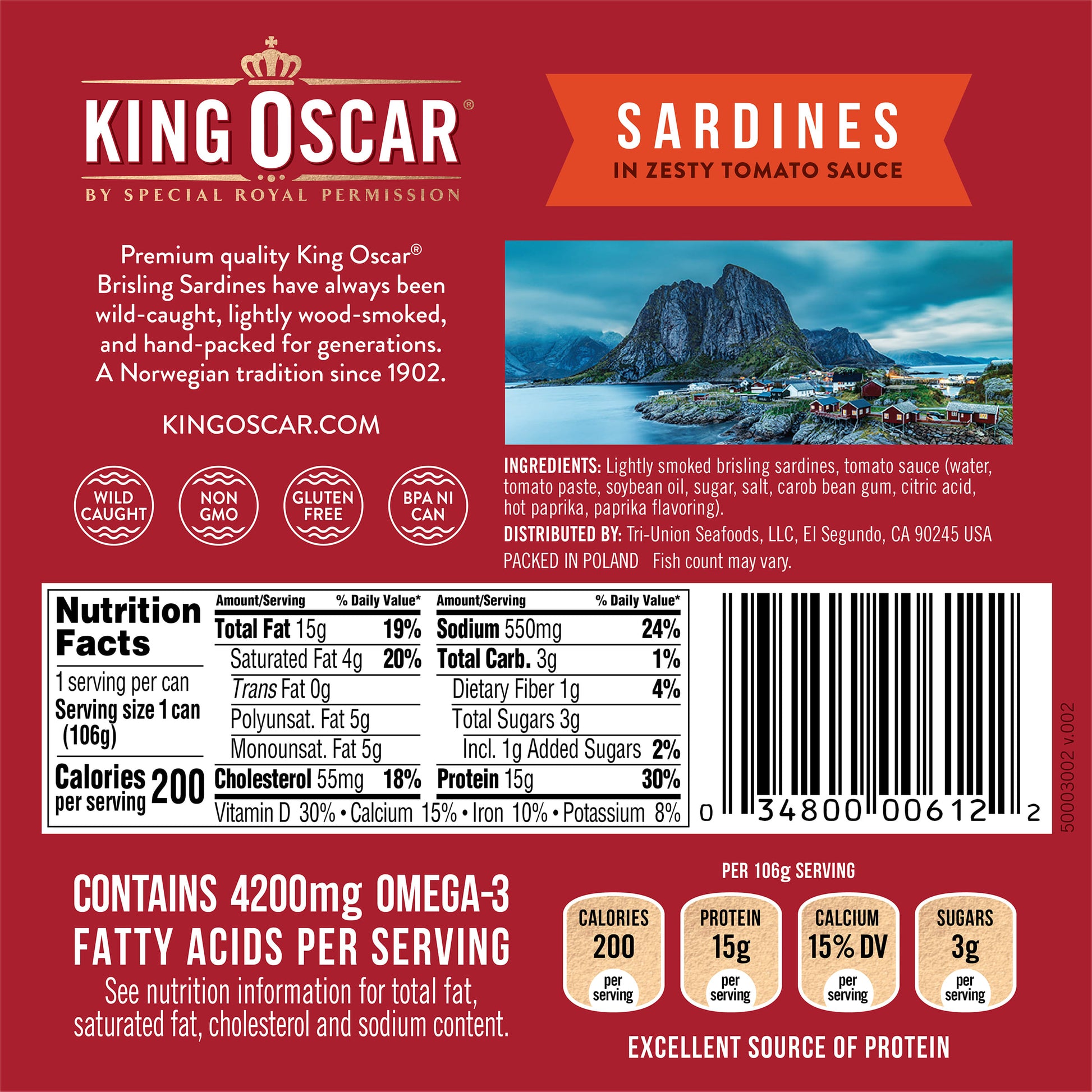 King Oscar, Wild Caught Sardines In Zesty Tomato Sauce, 3.75 oz (106 g) - Image 2