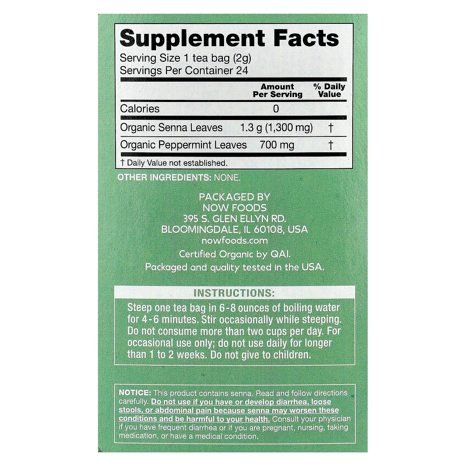 NOW Foods, give a tea®, Organic Senna Mint, Caffeine Free, 24 Tea Bags, 1.7 oz (48 g)