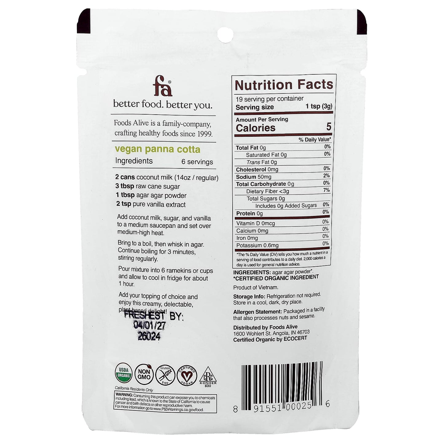 Foods Alive Agar Agar Powder - Plant-Based Gelatin Substitute - Image 2