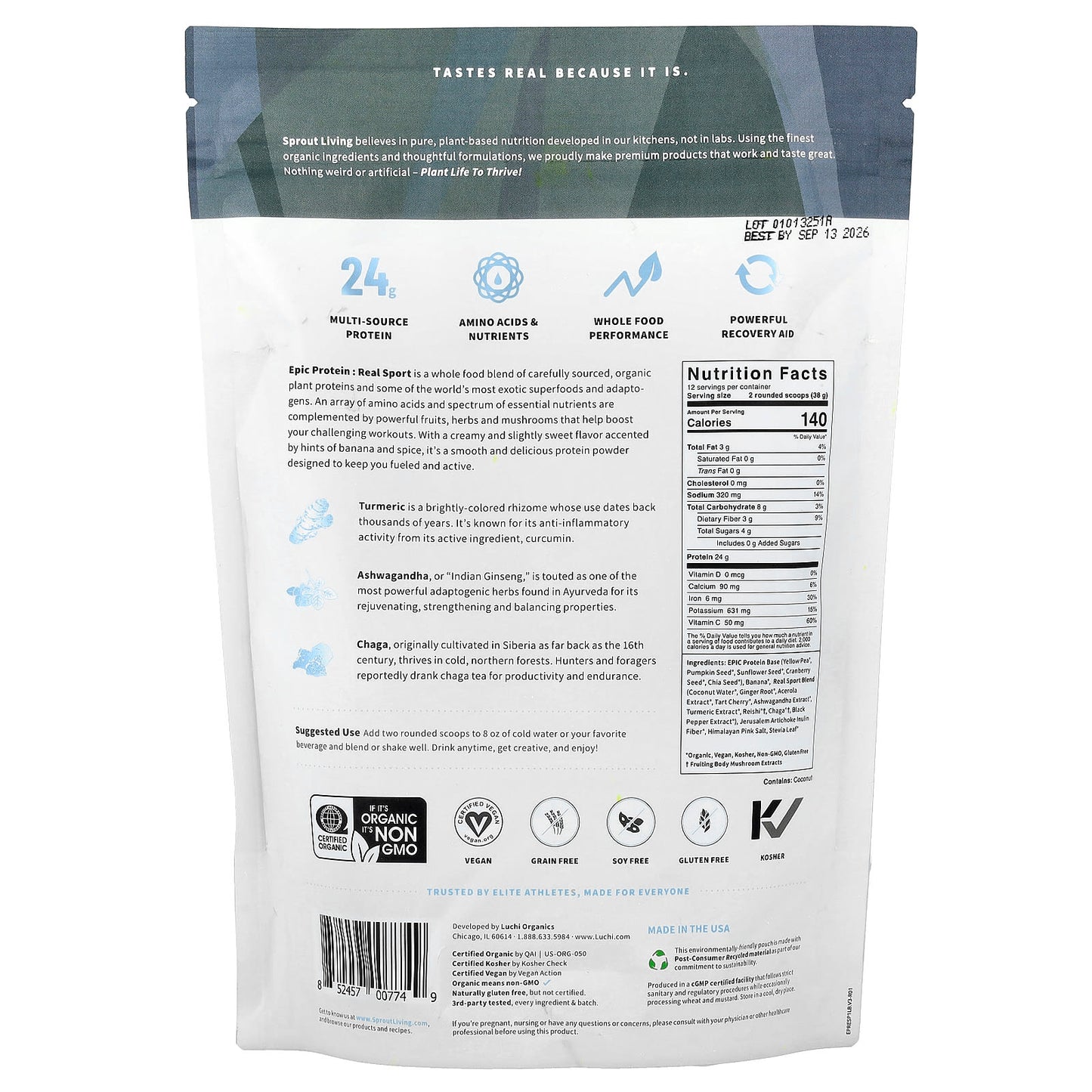 Sprout Living, Epic Protein®, Real Sport, Organic Plant Protein + Superfoods, 1 lb (456 g) - Image 2