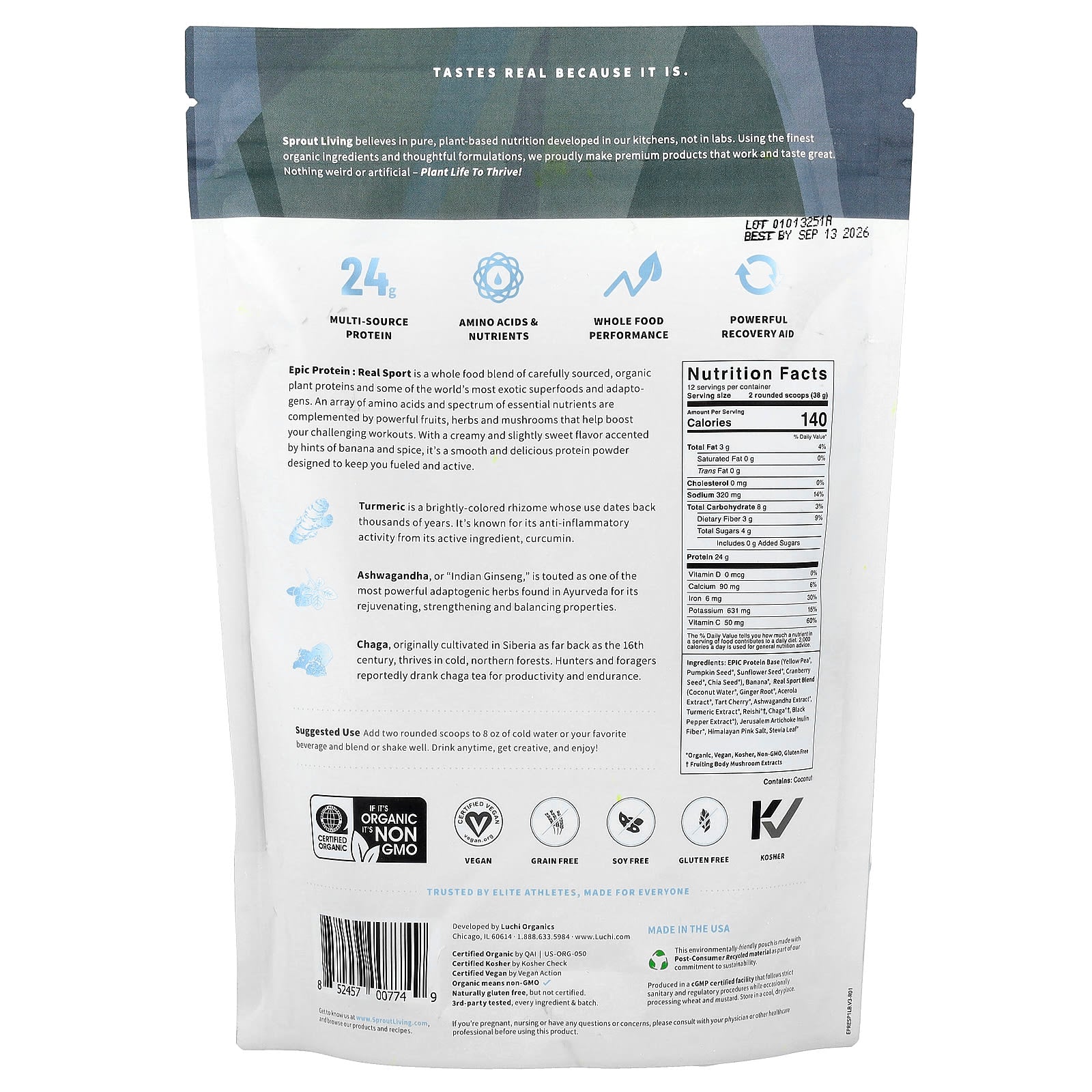 Sprout Living, Epic Protein®, Real Sport, Organic Plant Protein + Superfoods, 1 lb (456 g) - Image 2