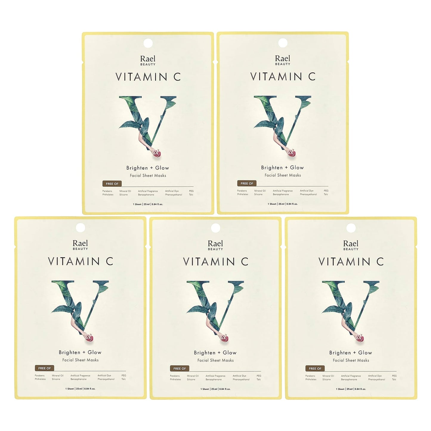 Rael, Vitamin C, Brighten + Glow Facial Beauty Sheet Masks, 5 Sheets, 0.84 fl oz (25 ml) Each - Image 1