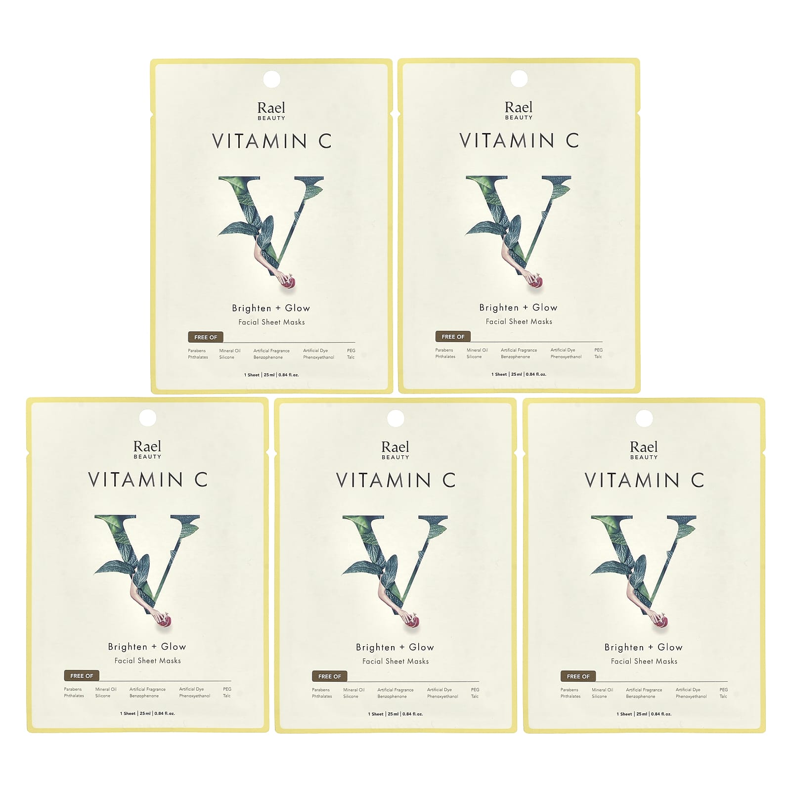 Rael, Vitamin C, Brighten + Glow Facial Beauty Sheet Masks, 5 Sheets, 0.84 fl oz (25 ml) Each - Image 1