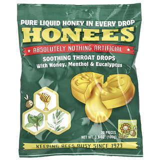 Honees Natural Throat Drops with Honey, Menthol & Eucalyptus, 20 Pieces