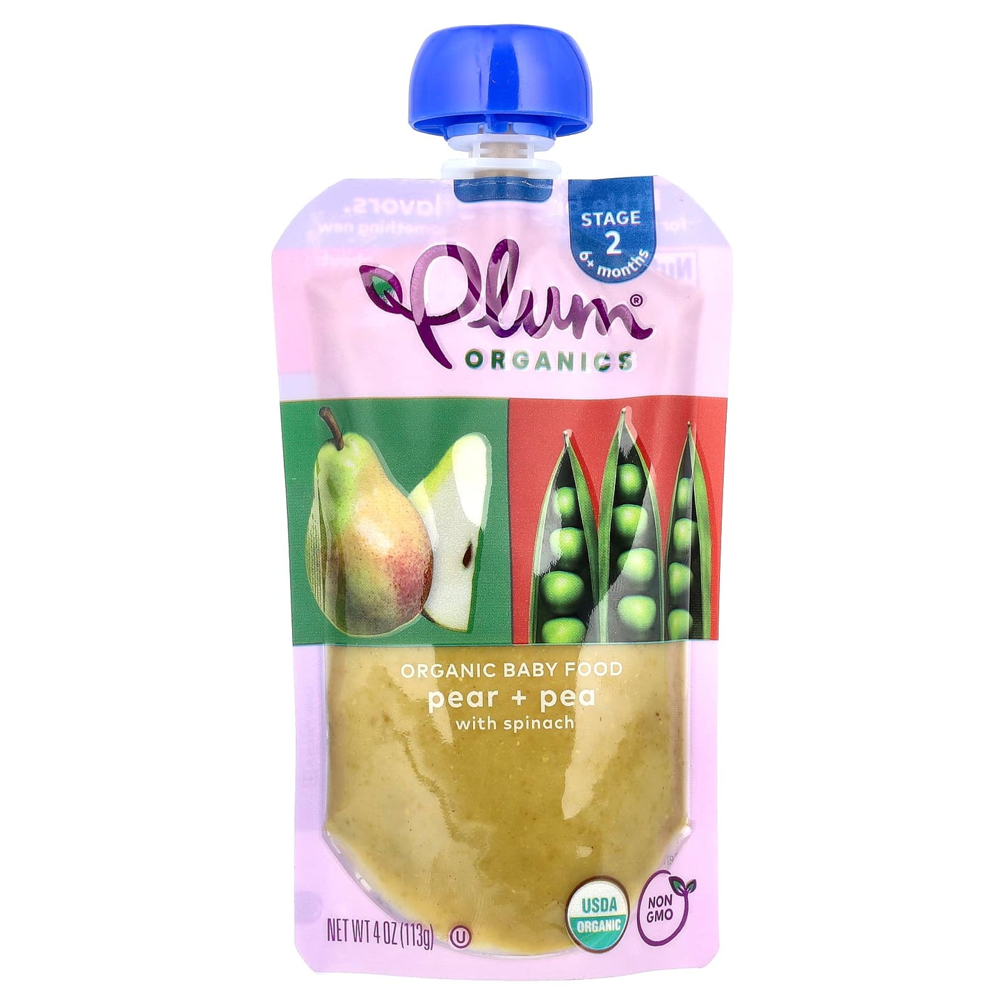 Plum Organics, Organic Baby Food, 6+ Months, Pear + Pea With Spinach, 4 oz (113 g) - Image 1