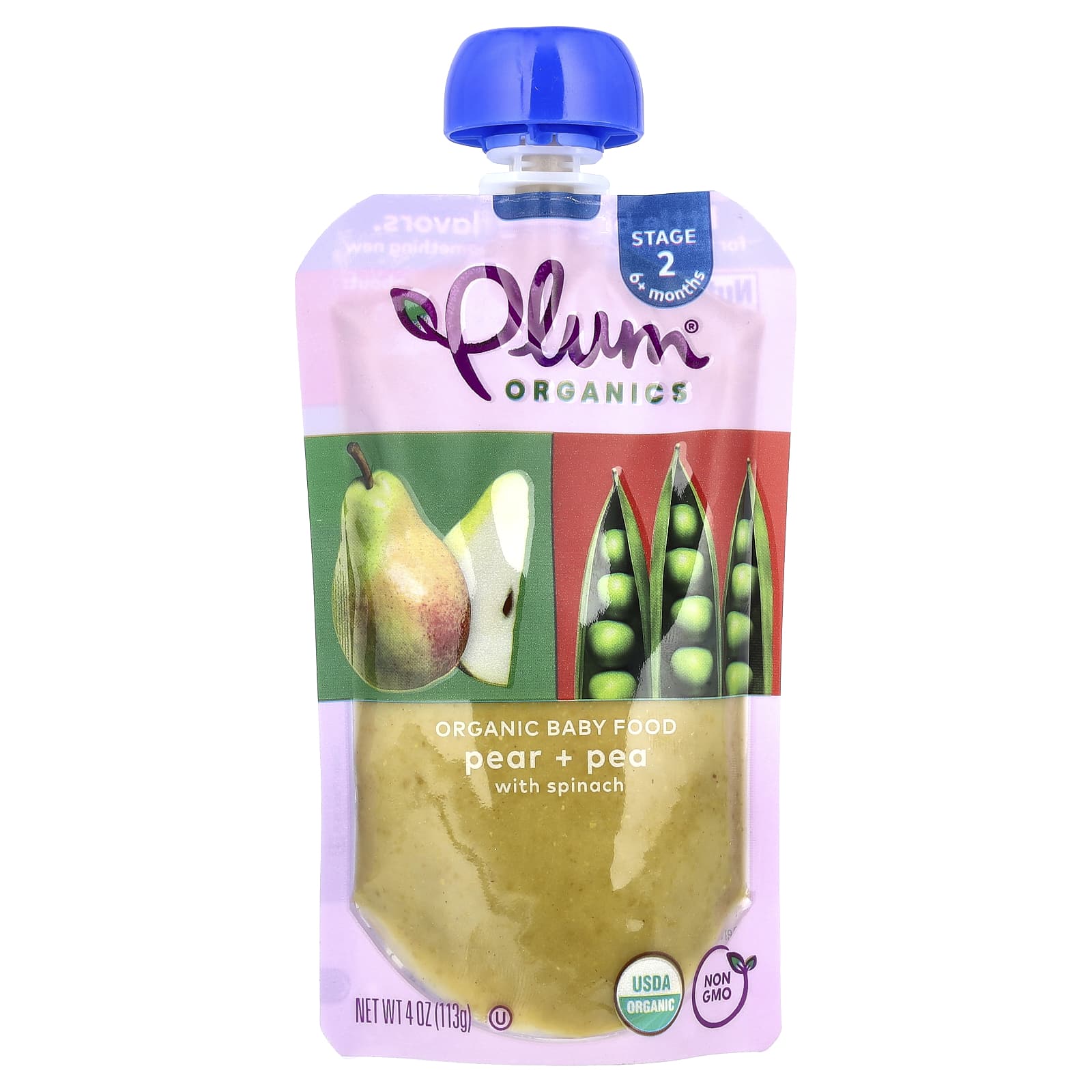 Plum Organics, Organic Baby Food, 6+ Months, Pear + Pea With Spinach, 4 oz (113 g) - Image 1
