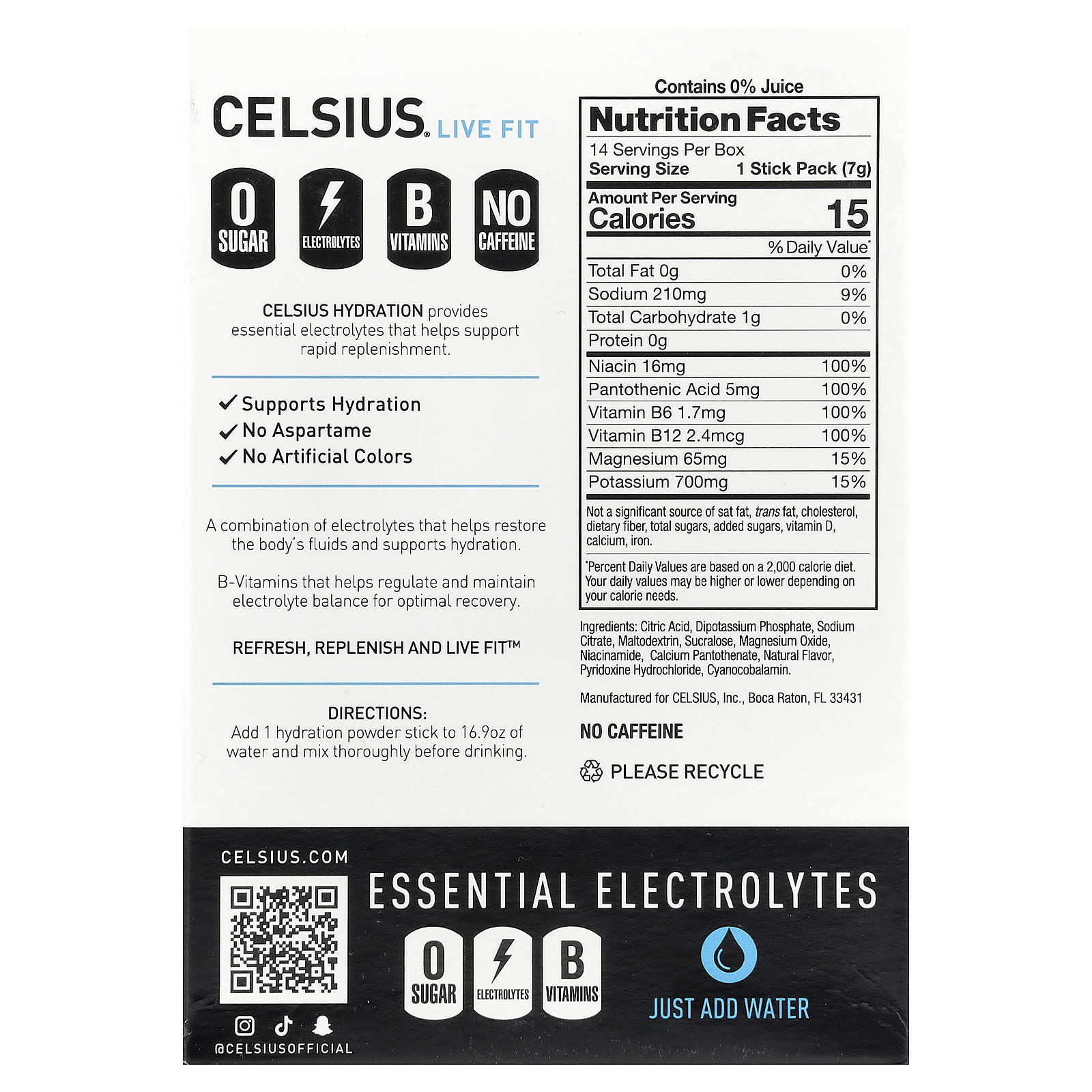 Celsius, Live Fit, Hydration, Essential Electrolytes, No Caffeine, Blue Razz, 14 Hydration Powder Sticks, 0.26 oz (7.28 g) Each