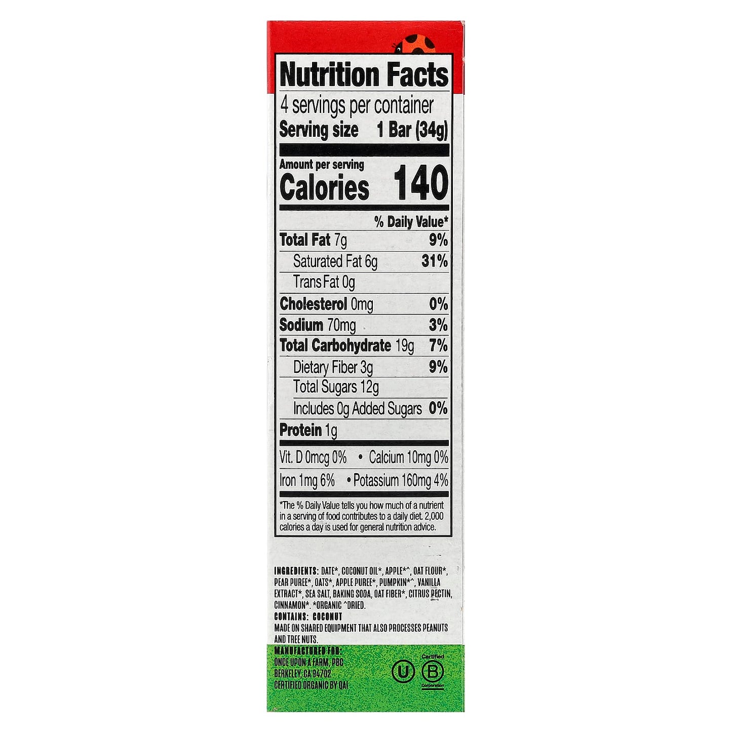 Once Upon A Farm, Organic Soft Baked Bar, Apple & Oat, 4 Bars, 1.2 oz (34 g) Each - Image 2