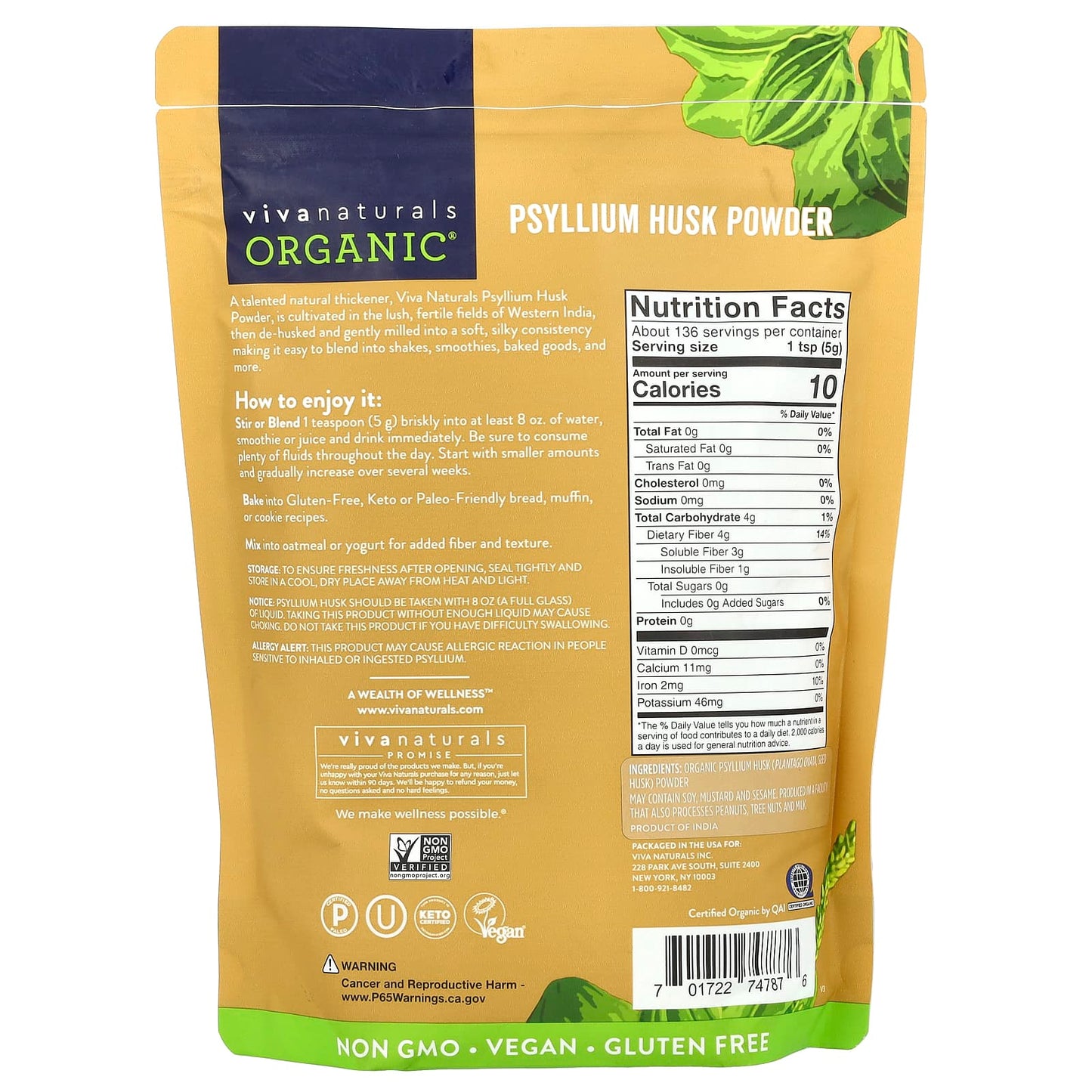 Viva Naturals, Organic Psyllium Husk Powder, 24 oz (680 g) - Image 2