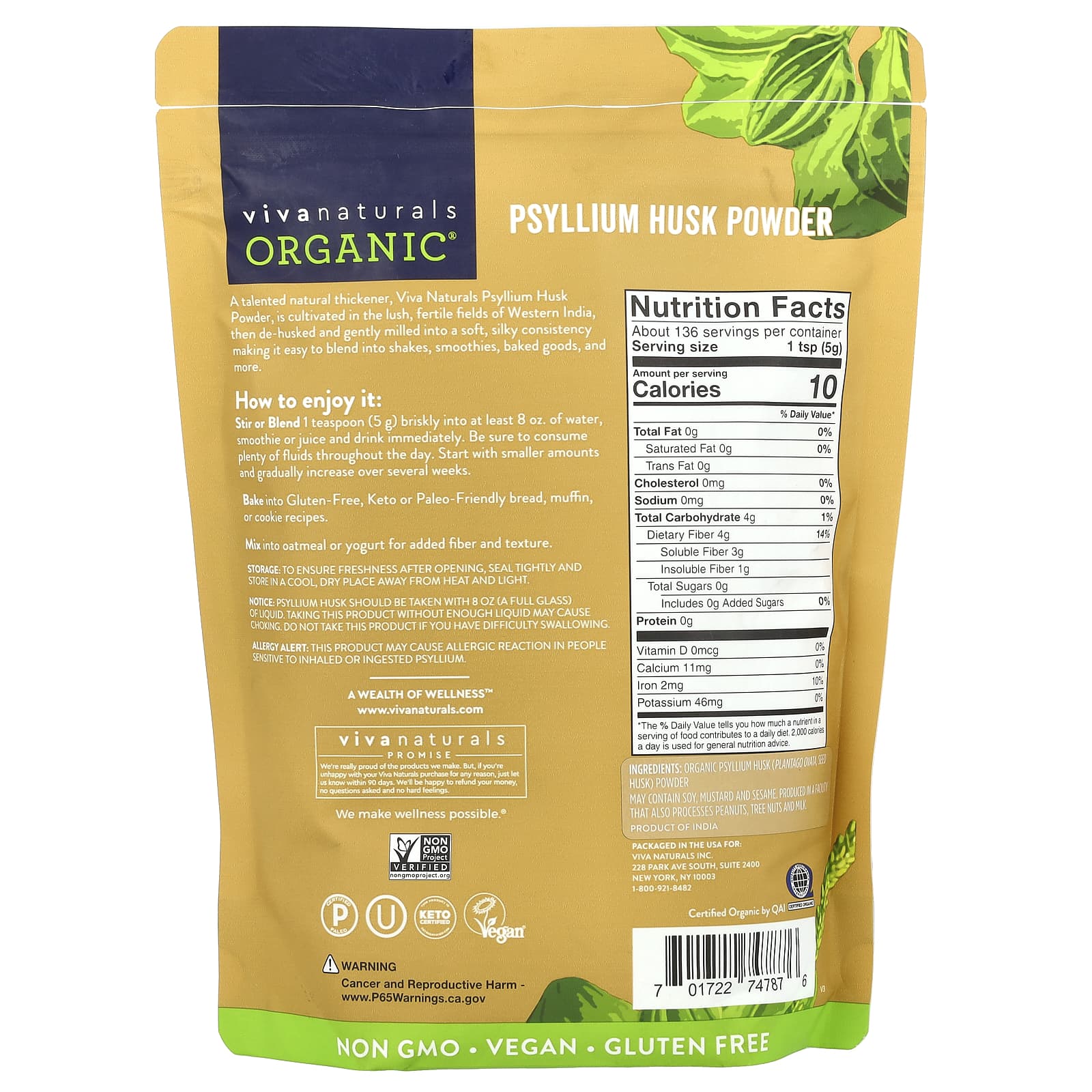 Viva Naturals, Organic Psyllium Husk Powder, 24 oz (680 g) - Image 2
