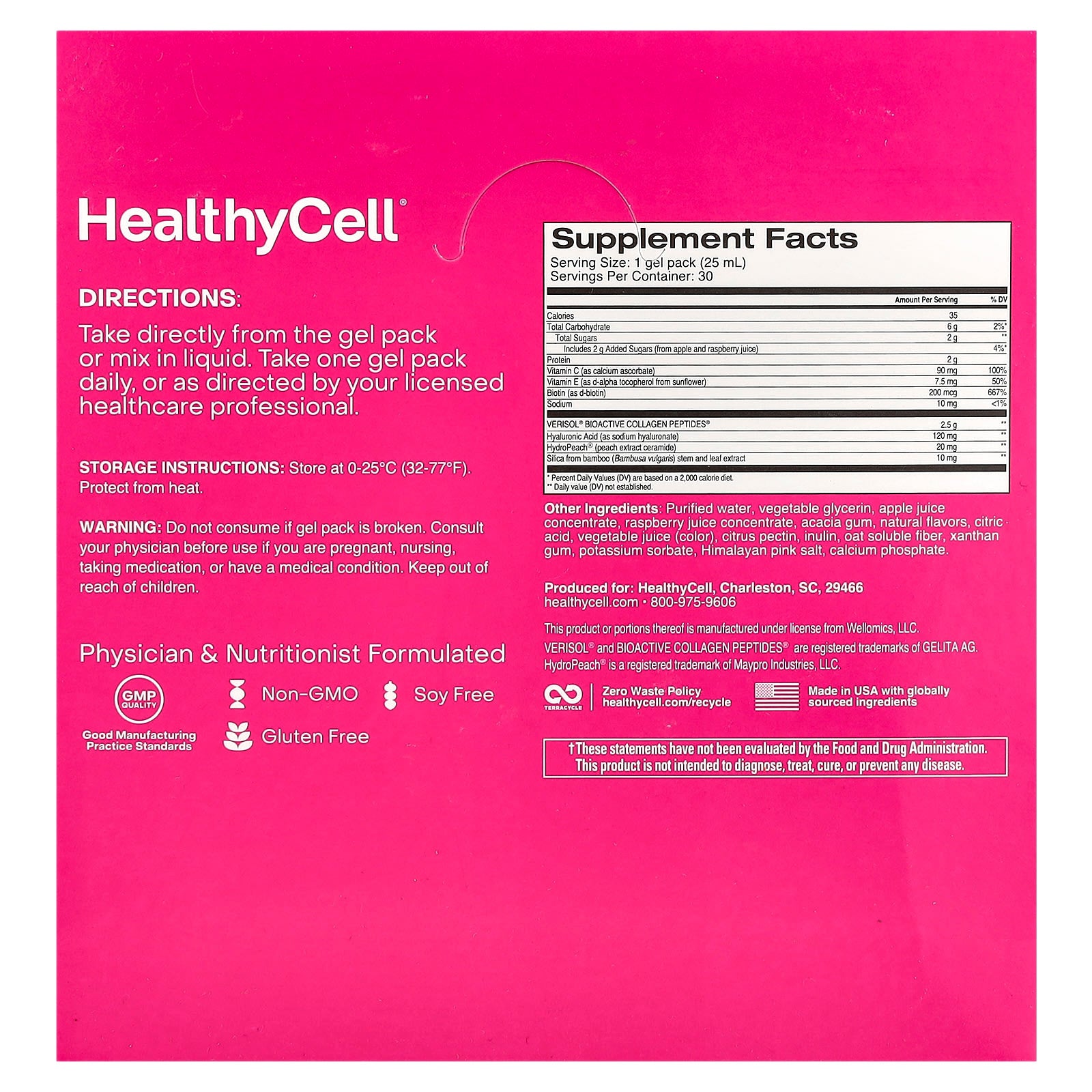 HealthyCell, Vibrant Hair, Skin & Nails, Raspberry, 30 Gel Packs, 0.84 fl oz (25 ml) Each