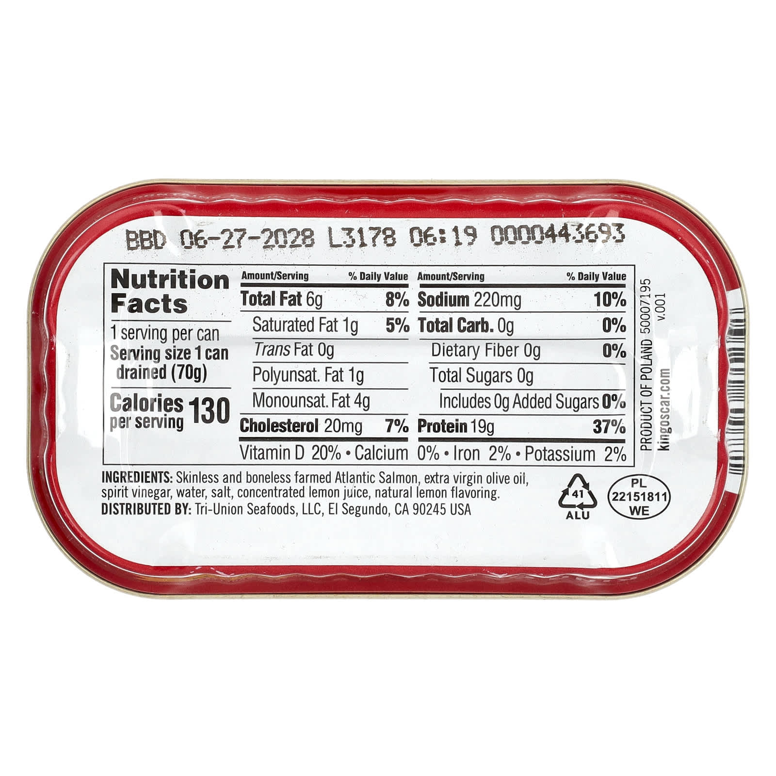 King Oscar, Skinless & Boneless Salmon in Extra Virgin Olive Oil With Lemon, 4.05 oz (115 g) - Image 2