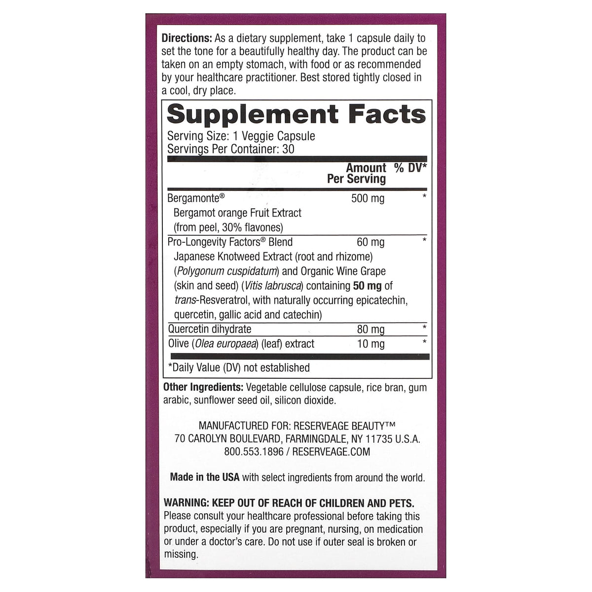 Reserveage Beauty, Bergamot Cholesterol Support, 30 Veggie Capsules - Image 2