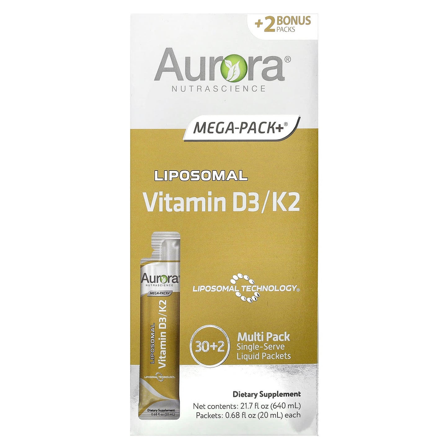 Aurora Nutrascience Liposomal Vitamin D3 K2 Supplement 32 Packets - Image 1