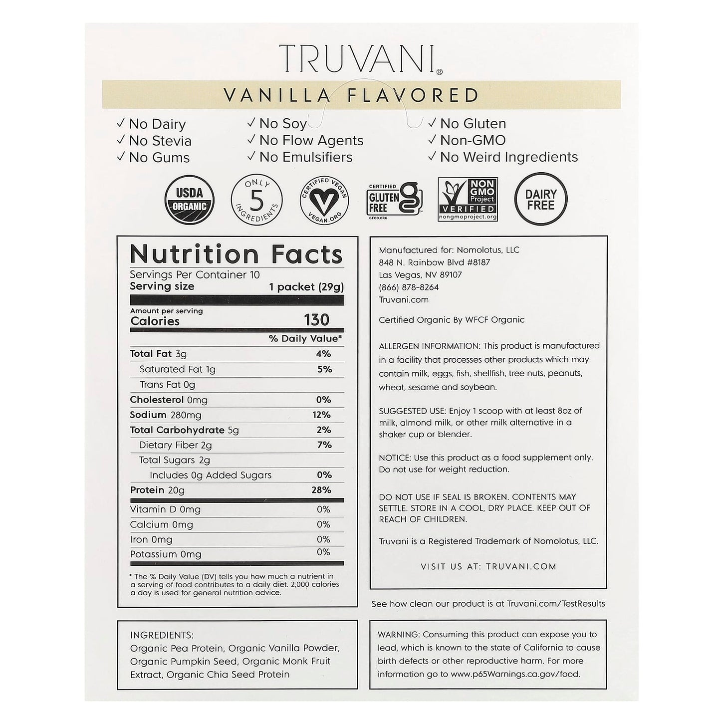 Truvani, Plant Based Protein, Vanilla, 10 Packs, 1.02 oz (29 g) Each - Image 2
