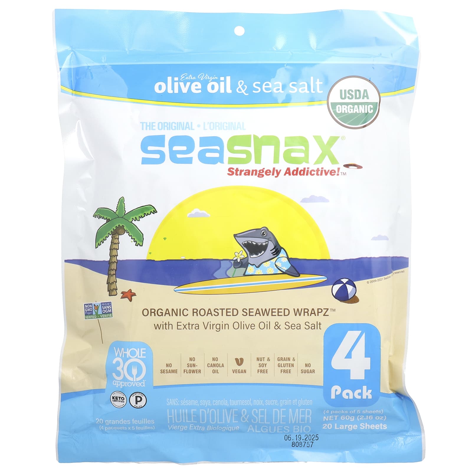 SeaSnax, Organic Roasted Seaweed Wrapz™, Olive Oil & Sea Salt, 20 Large Sheets, 2.16 oz (60 g) - Image 1