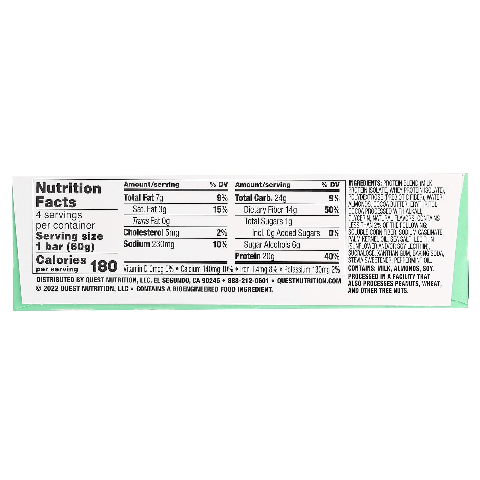 Quest Nutrition, Protein Bar, Mint Chocolate Chunk, 4 Bars, 2.12 oz (60 g) Each - Image 2