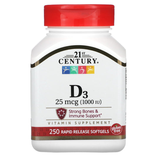 Vitamin D3 25 mcg, Boosts Immune System & Bone Health, 250 Softgels - Image 1