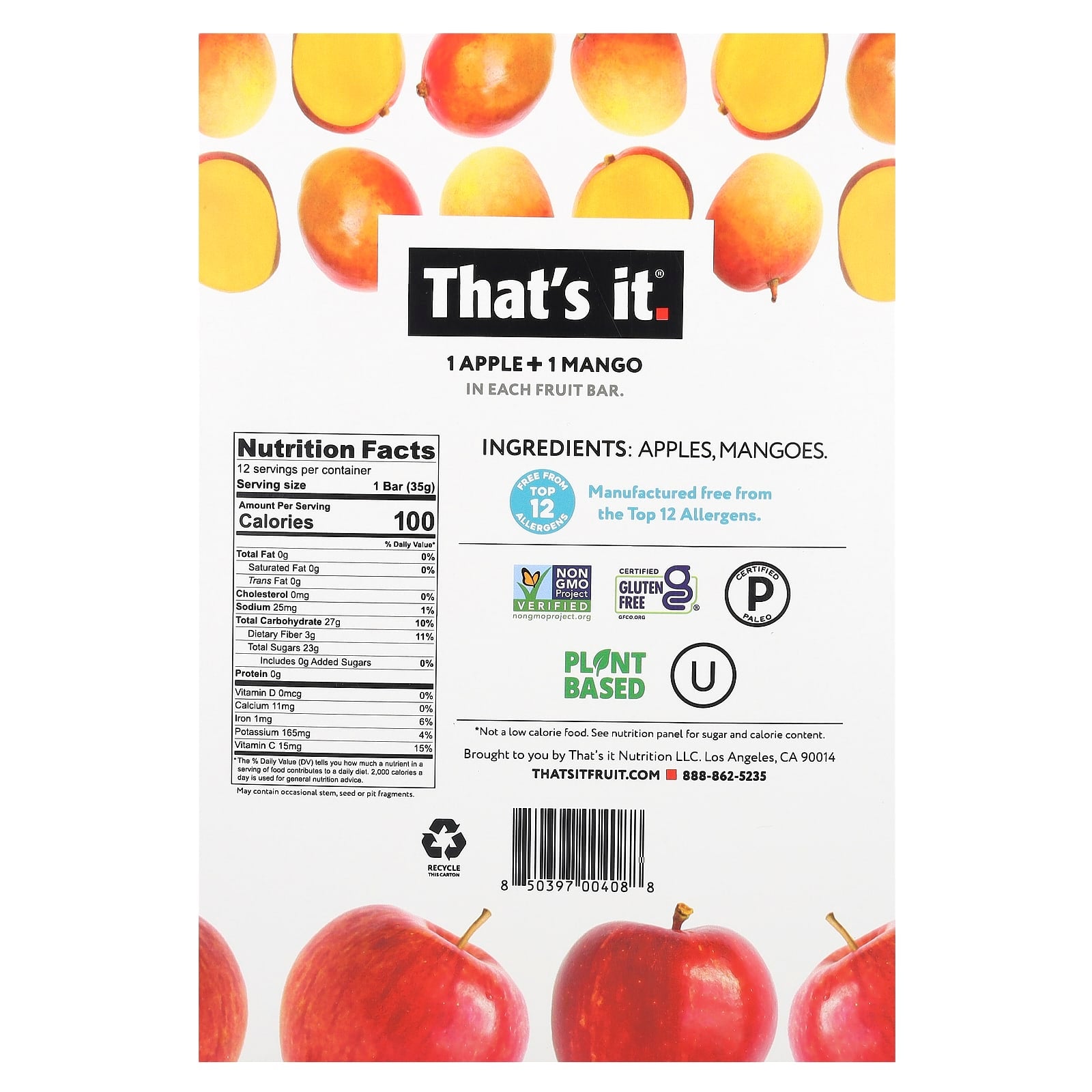 That's It, Fruit Bars, Apple + Mangoes, 12 Bars, 1.2 oz (35 g) Each - Image 2