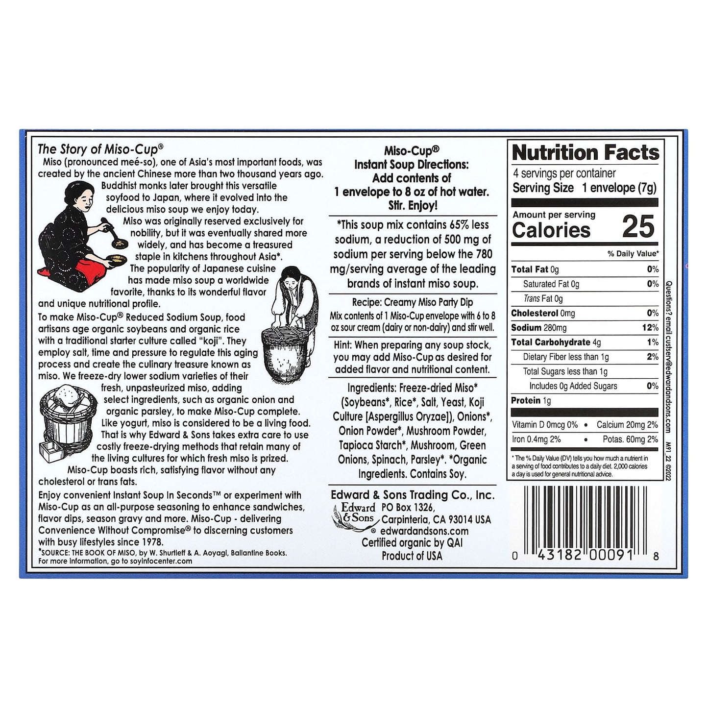 Edward & Sons Reduced Sodium Miso-Cup Soup Mix, 4 Single Servings - Image 2