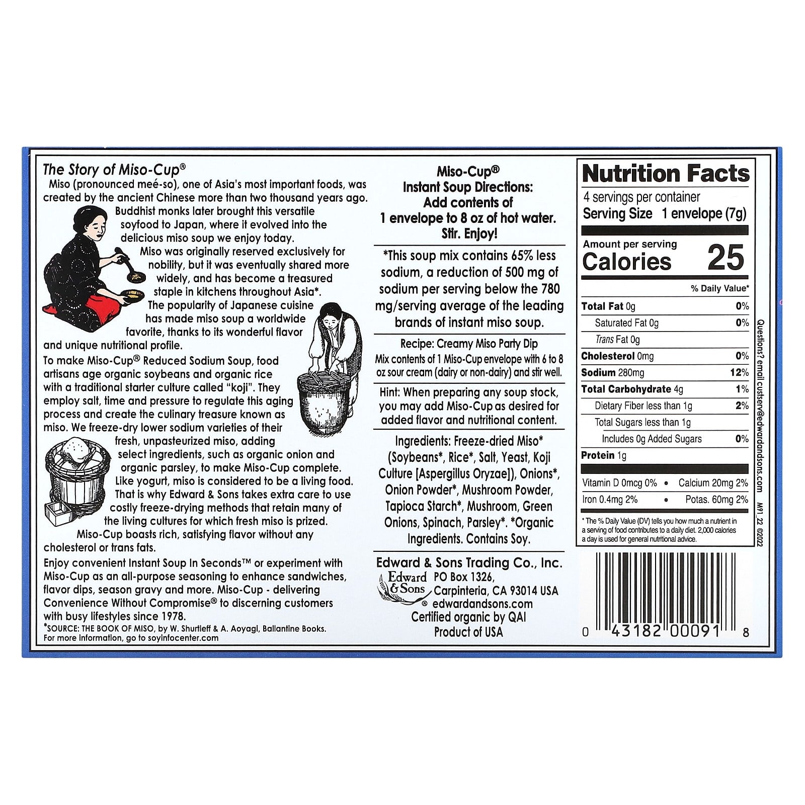Edward & Sons Reduced Sodium Miso-Cup Soup Mix, 4 Single Servings - Image 2