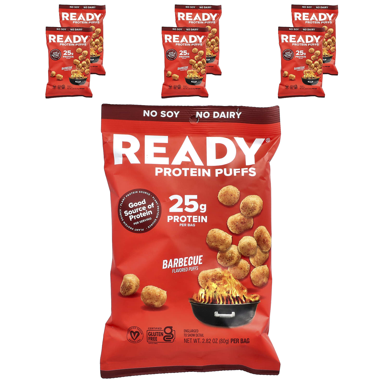 Ready, Protein Puffs, Barbecue, 6 Bags, 2.82 oz (80 g) Each - Image 1