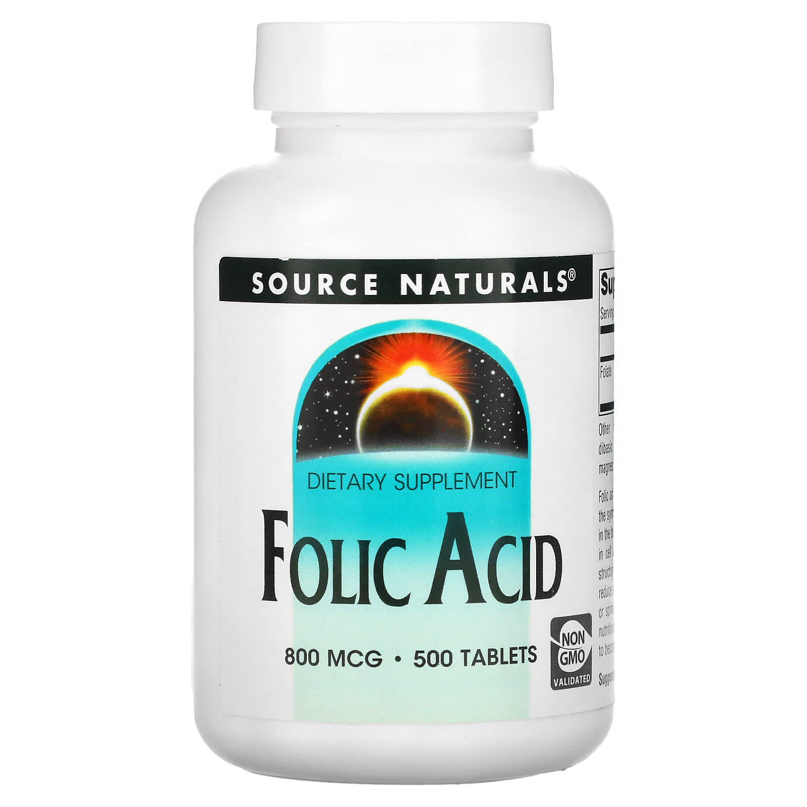 Source Naturals, Folic Acid, 800 mcg, 500 Tablets - Image 1