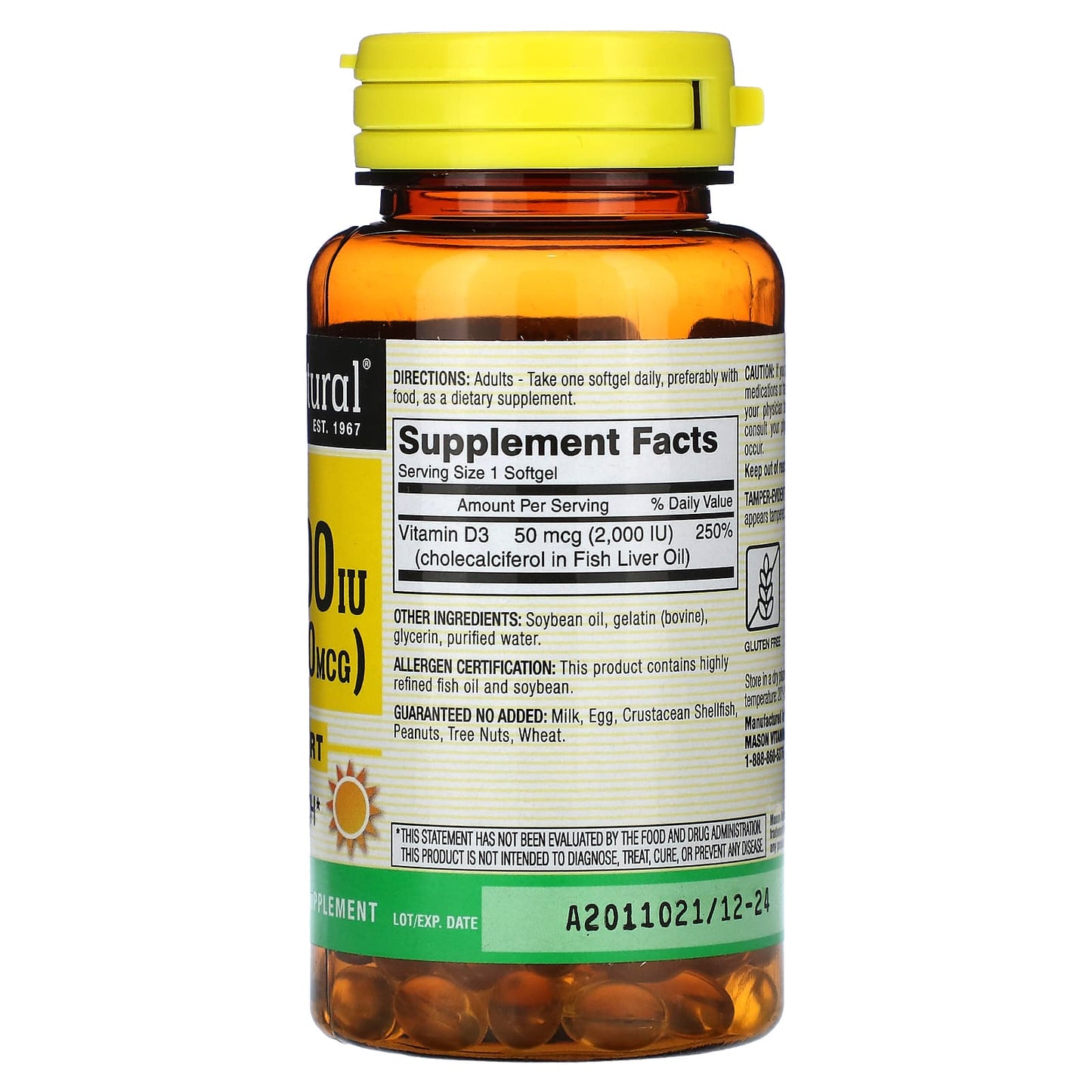 Mason Natural, D3, 50 mcg (2,000 IU), 120 Softgels - Image 2