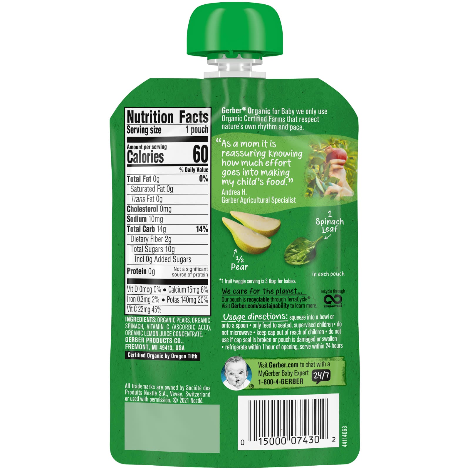 Gerber Organic Baby Food, Pear & Spinach, 3.5 oz, USDA Organic - Image 2