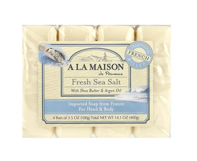 A La Maison de Provence, Hand & Body Bar Soap, Fresh Sea Salt, 4 Bars, 3.5 oz (100 g) Each