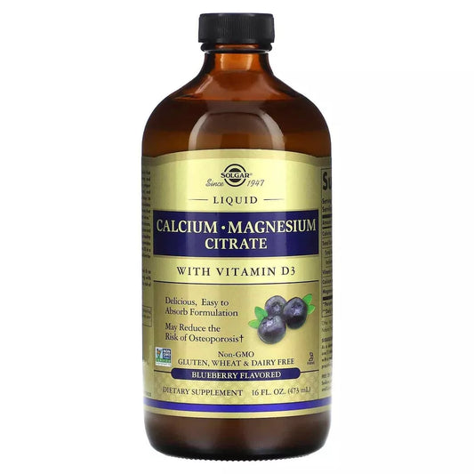 SOLGAR - CALCIUM MAGNESIUM - CITRATE LIQUID WITH VITAMIN D3 - BLUEBERRY - 473 ML