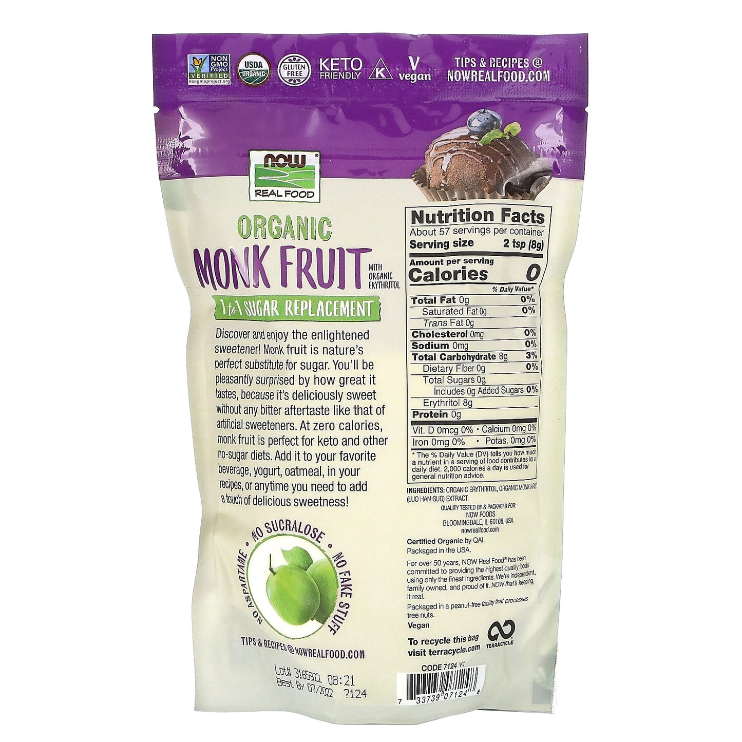 NOW Foods, Real Food, Organic Monk Fruit, 1-to-1 Sugar Replacement , 1 lb (454 g) - Image 2
