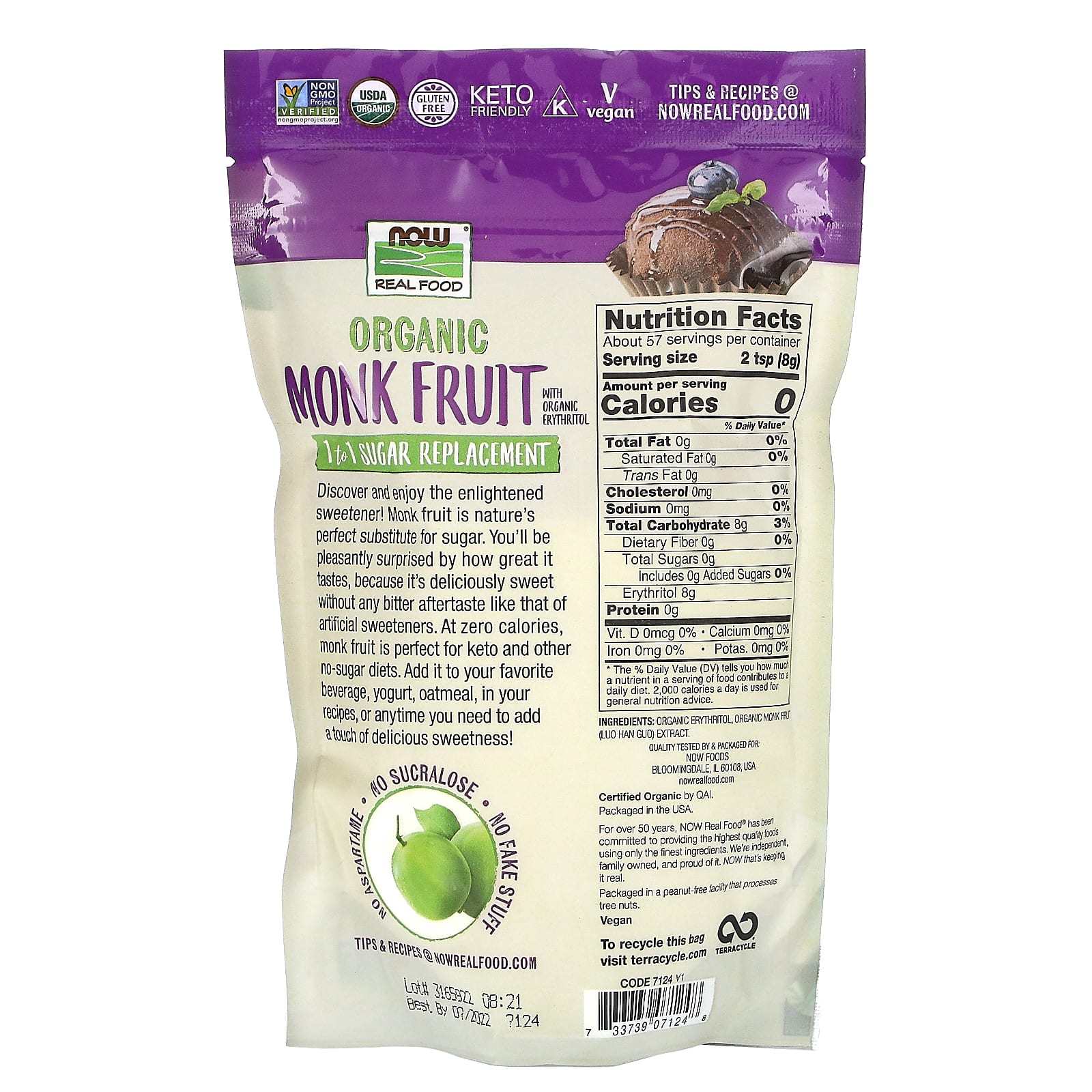 NOW Foods, Real Food, Organic Monk Fruit, 1-to-1 Sugar Replacement , 1 lb (454 g) - Image 2