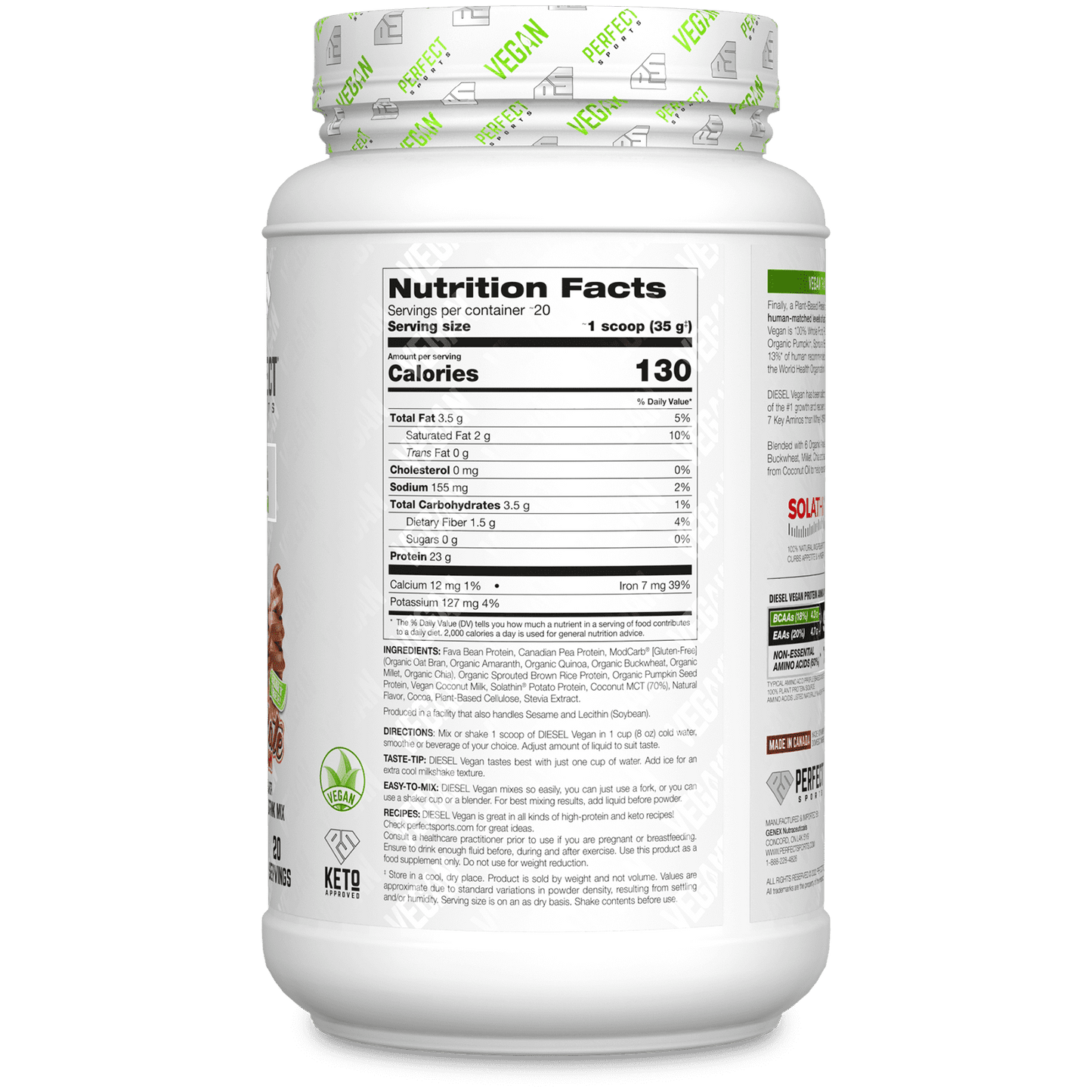 PERFECT Sports, Vegan Diesel, 100% Plant-Based Protein Blend, Chocolate Ice Cream, 1.5 lb (700 g)