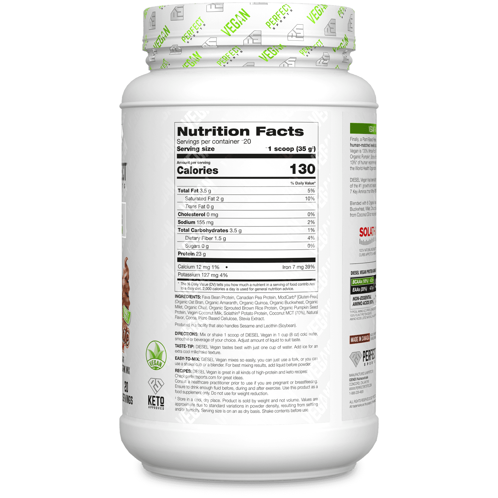 PERFECT Sports, Vegan Diesel, 100% Plant-Based Protein Blend, Chocolate Ice Cream, 1.5 lb (700 g)